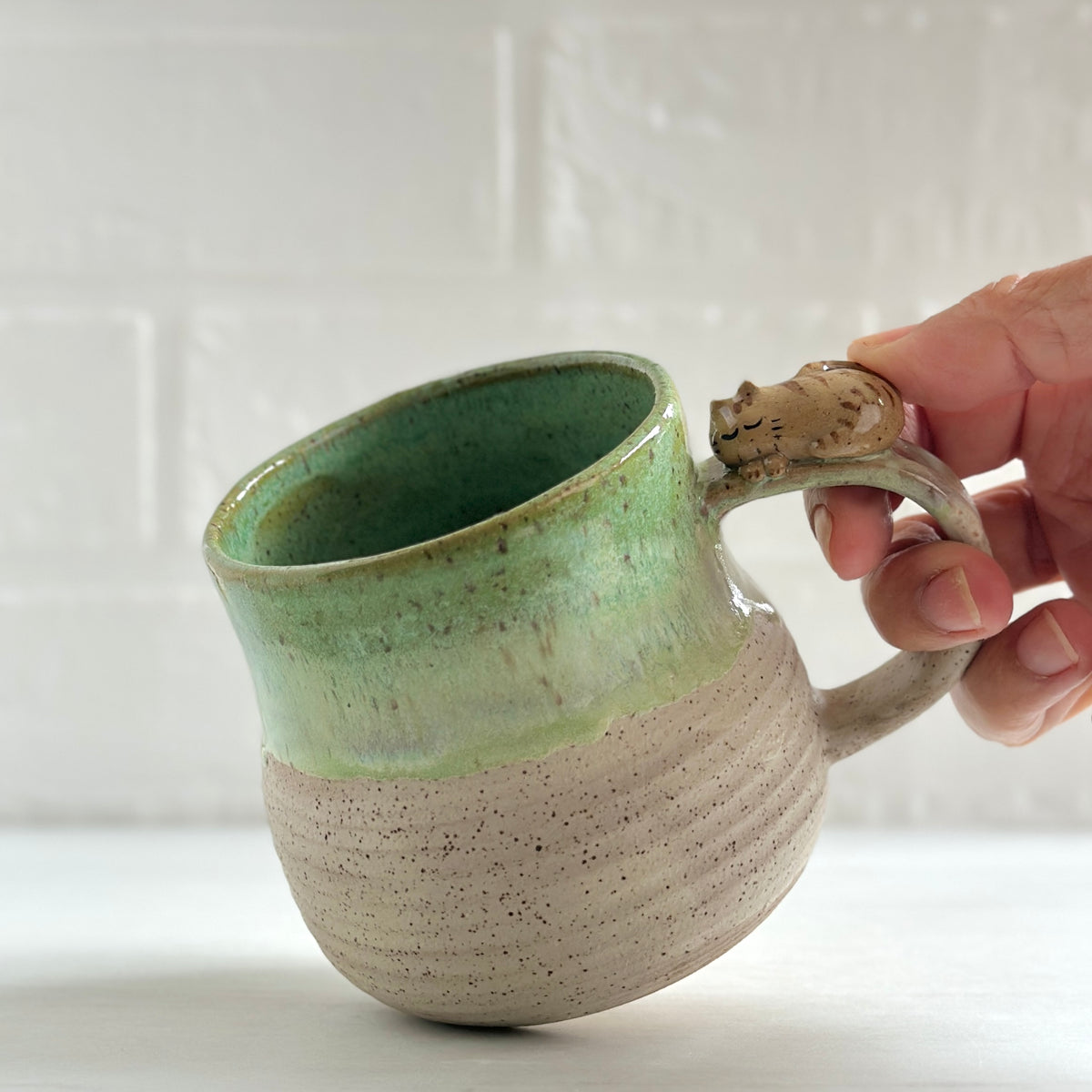 Sleepy Kitty on the Handle, Speckled Clay Mug, Glazed in Green and White #10