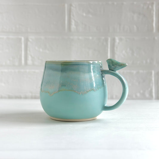 Zen Bird Mug, Glazed in Aqua Blue-green  #19