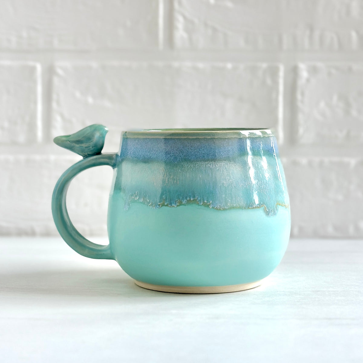 Zen Bird Mug, Glazed in Aqua Blue-green  #19