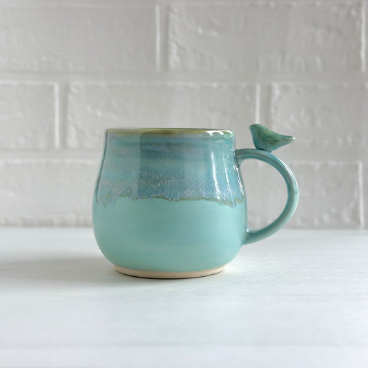 Zen Bird Mug, Glazed in Aqua Blue-green  #20