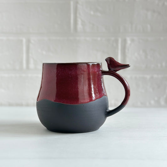 Zen Bird Mug, Black Clay Beauty, Red Cherry Glaze #25