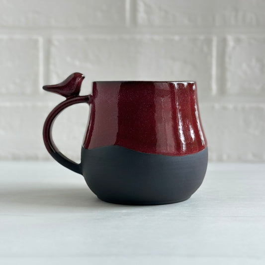 Zen Bird Mug, Black Clay Beauty, Red Cherry Glaze #25