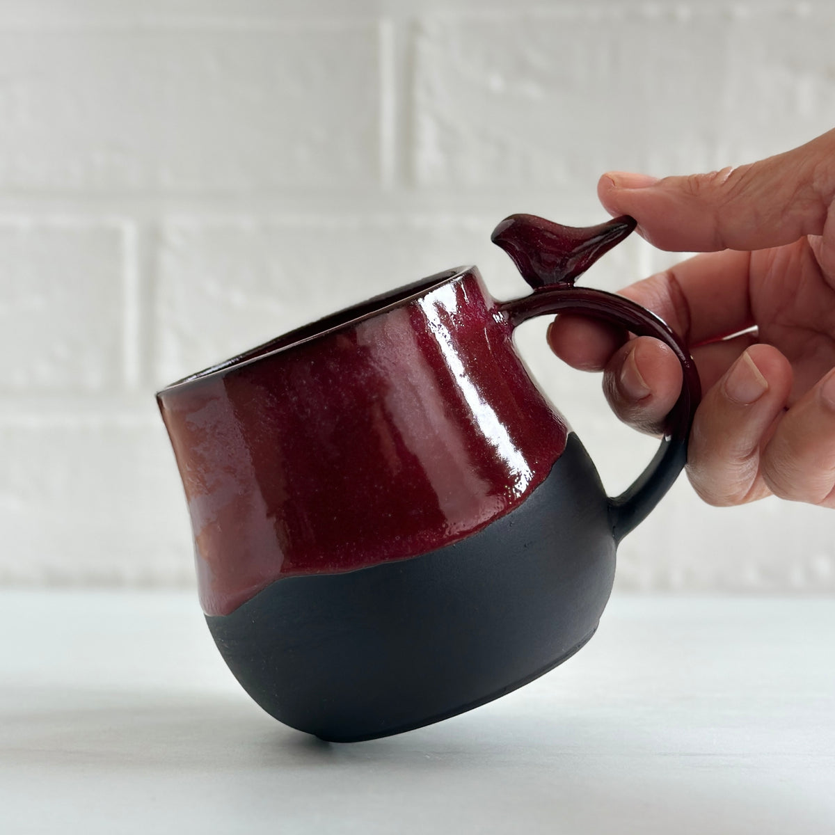 Zen Bird Mug, Black Clay Beauty, Red Cherry Glaze #25