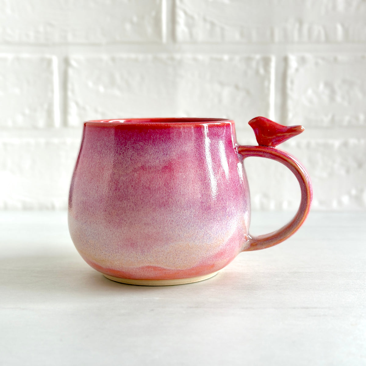 Zen Bird Mug, Glazed in Pink and Orange, 16oz  #28