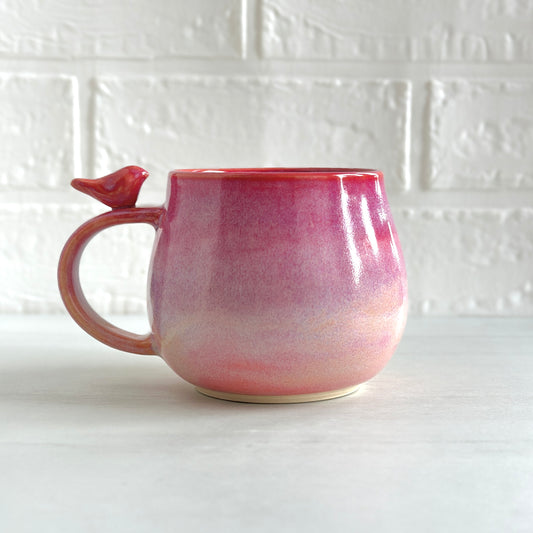 Zen Bird Mug, Glazed in Pink and Orange, 16oz  #28