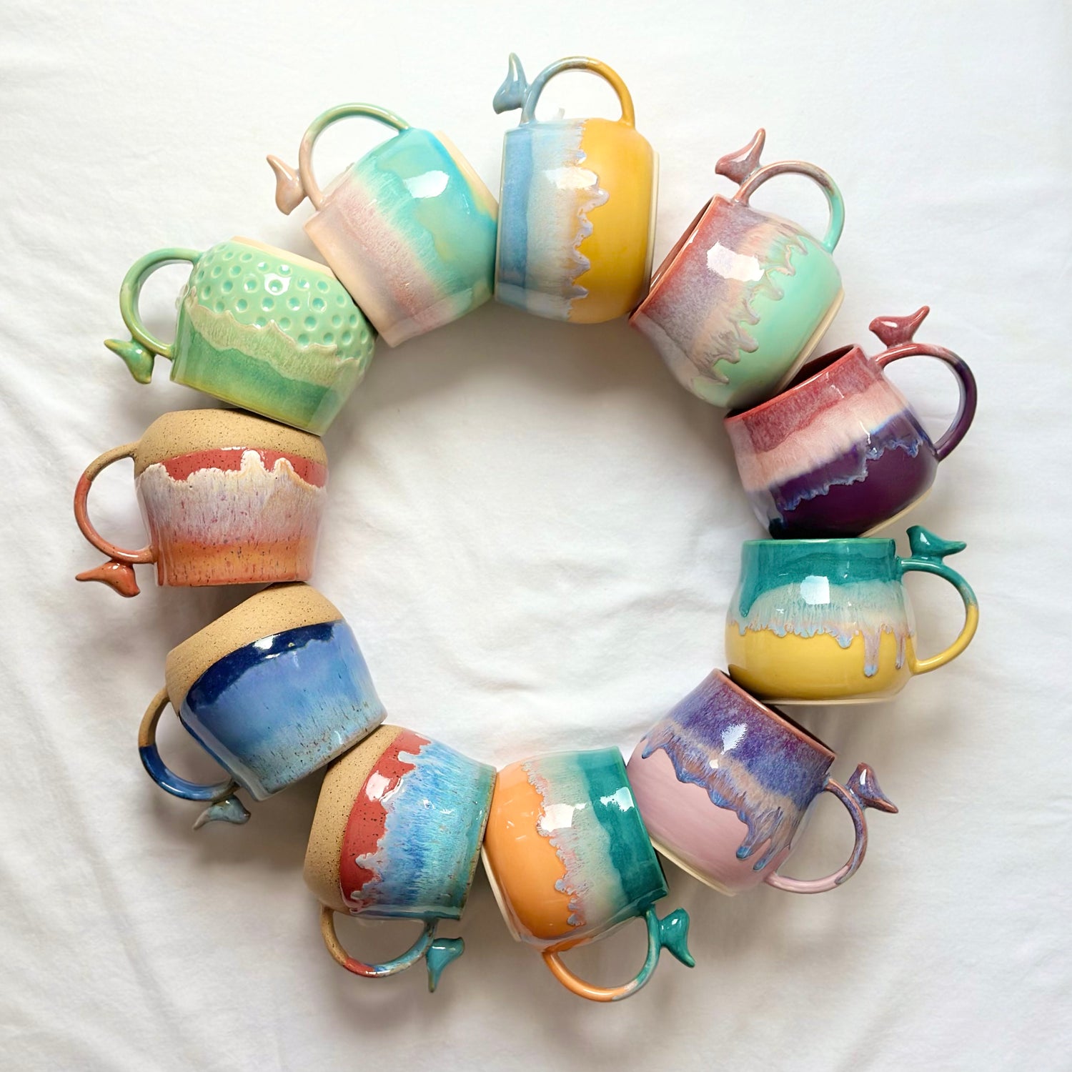 colorful and vibrant  Zen bird mugs by Mina, Yuzu Pottery